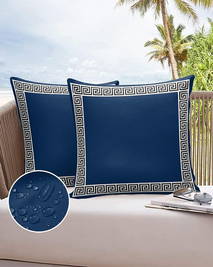 Prime Leader Outdoor Waterproof Pillow Covers Set of 2, Chinese Style Pattern Navy Blue Background Patio Throw Pillow Covers, Decorative Cushion Case for Couch Sofa Furniture Garden, 18x18 Inch