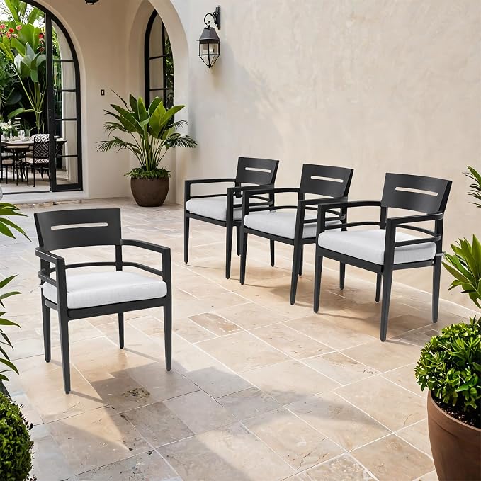 Modern Outdoor Dining Chairs Patio Aluminum Stationary Chair 4PCS with Outdoor-Grade Sunbrella Fabric Cushions, Tapered Feet, Ember Black