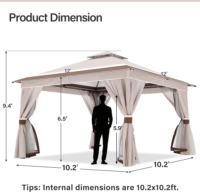 LAUSAINT HOME 12'x12' Outdoor Gazebo, Metal Frame Heavy Duty Patio Canopy Tent Shelter with Double Roofs, Mosquito Nettings and Privacy Screens for Backyard, Garden, Lawn, Classic Khaki
