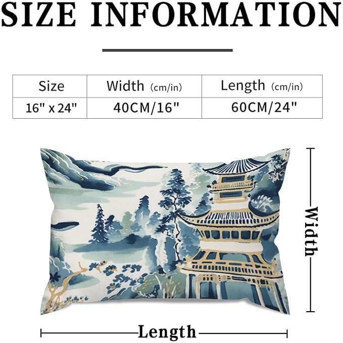 Blue and White Chinoiserie Pagoda Asian Rectangular Cushion Cover Ming Rain Chinoiserie Throw Pillow Cover Classic Modern Decorative Pillow Covers for for Couch Sofa 16x24in