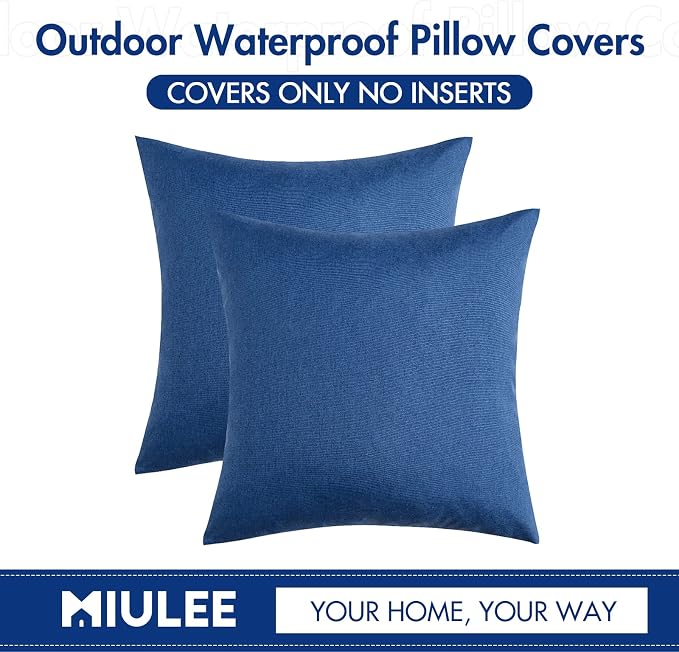 MIULEE Pack of 2 Decorative Outdoor Solid Waterproof Throw Pillow Covers 18x18 inch Blue with 2 Packs of Outdoor Pillow Inserts