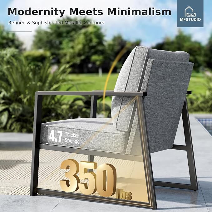 MFSTUDIO 5 Seats Patio Furniture Sets, Olefin-Filled Textilene Fabric Backrest Outdoor Conversation Sets with Coffee Table, 4 Pieces Metal Frame Outdoor Sectional Sofa Sets for Garden, Backyard(Grey)