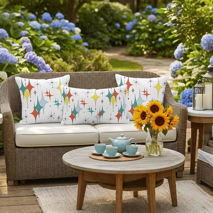 Middle Century Waterproof Outdoor Pillow Covers Set of 2 Home Decor, Boho Abstract Art Teal Orange Rhomboid Pillowcase Patio Pillow Covers for Couch Bench Furniture Garden 16x16in