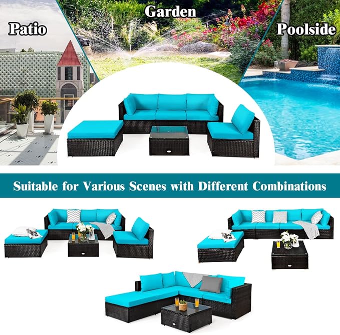 RELAX4LIFE 6-Piece Patio Sofa Set - Outdoor Sectional Sofa Set Wicker Conversation Set w/Table & Removable Cushions, Modular Sofa Set Patio Furniture for Backyard, Poolside, Balcony (Turquoise)