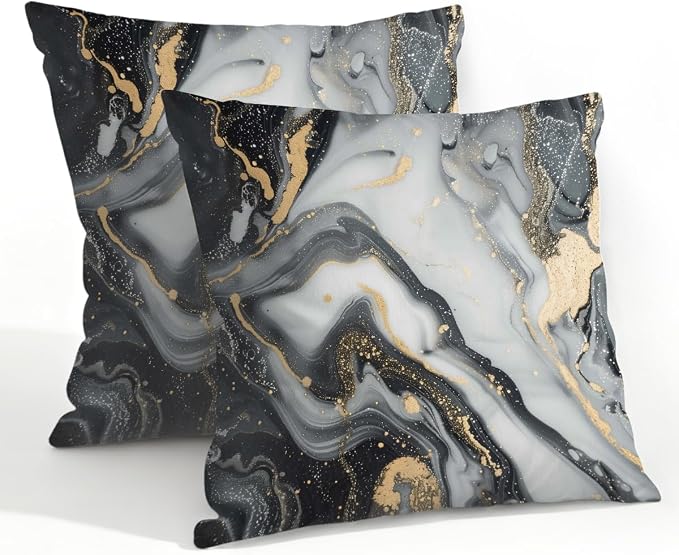 22x22 Inch Outdoor Pillow Covers Set of 2 Waterproof Throw Pillow Covers Decorative Couch Cushion Covers Black Grey Marble Square Pillowcases Protectors for Patio Garden Sofa