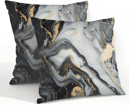 22x22 Inch Outdoor Pillow Covers Set of 2 Waterproof Throw Pillow Covers Decorative Couch Cushion Covers Black Grey Marble Square Pillowcases Protectors for Patio Garden Sofa