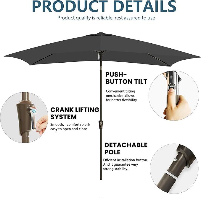 6.5x10FT Rectangular Patio Umbrella with Push Button Tilt & Crank Lift for Garden,UV Protection Outdoor Umbrella for Deck,Pool and Yard,Grey