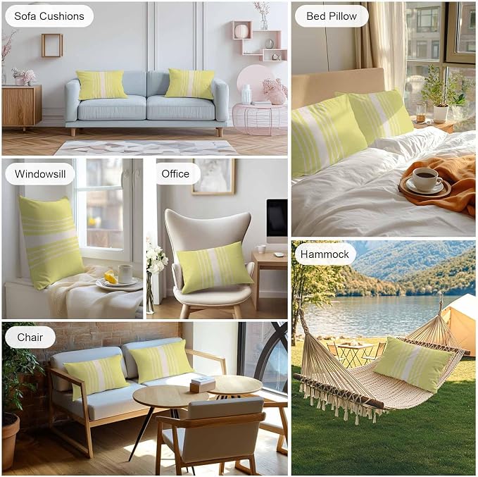 Vandarllin Outdoor Throw Pillows Covers 20x12 inch Set of 2 Waterproof Yellow Vertical Stripes Decorative Zippered Cushion Covers for Patio Furniture, Classic Striped Linen Lumbar Pillowcases