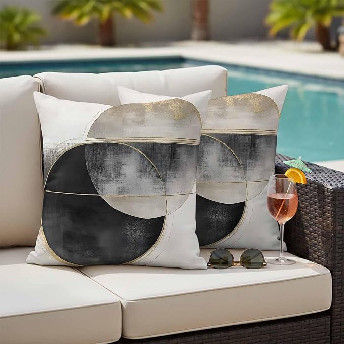 Abstract Art Outdoor Waterproof Throw Pillow Covers Set of 2, 18"x18", Mottled Geometric Moon Black Gold Circle Striped Decorative Pillow Covers Outside Cushion Case for Patio Porch Garden
