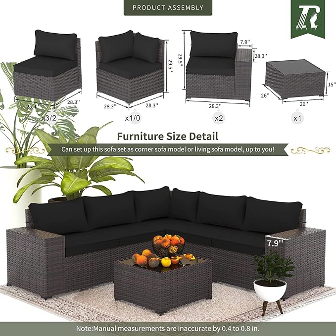6 PCS Outdoor Patio Furniture Set,Outdoor Sectional Furniture All Weather PE Rattan Wicker Patio Conversation Set with Coffee Table and 5 Thickened Cushions,Black