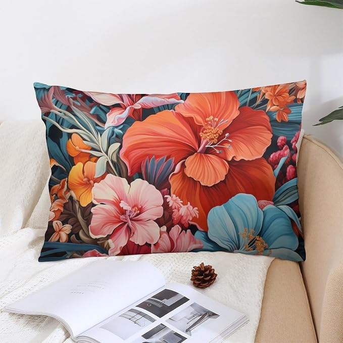 Cute Throw Pillows Tropical Flower Leaves Cushion Covers Watercolor Summer Hawaii Palm Tree Leaf and Tropical Flower Oblong Cushion Cover Pillow for Bed Couch Home Gift 12 "x20