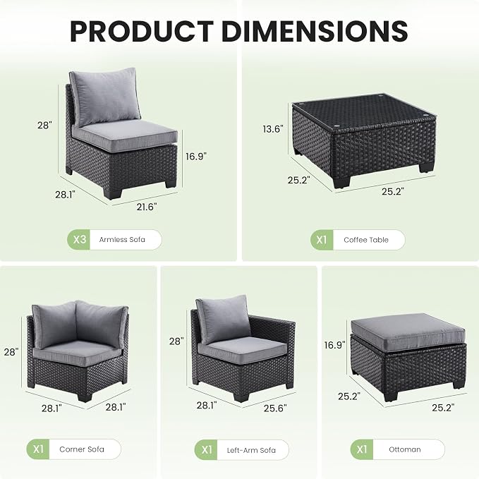 Soohow 7-Piece Patio Furiture Sofa Set, Outdoor Furniture with Corner Sofa, Ottoman, 3 Armless Chairs, One-Arm Sofa & Coffee Table, Water/Oil/Stain-Resistant Fabric (Dark Gray Cushion)