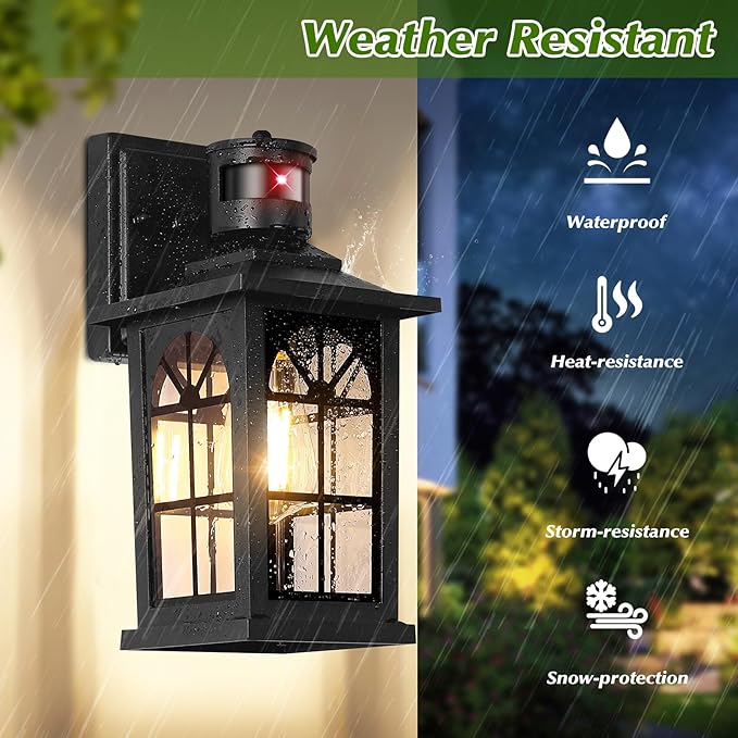 2-Pack Motion Sensor Outdoor Wall Lights, Modern Porch Lights | Auto ON/OFF, 3 Lighting Modes, Waterproof, Rust-Resistant, Aluminum Frame & Sturdy Glass, Easy to Install