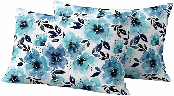 Botanical Floral Leaves Outdoor Pillow Covers 20"x12" Set of 2, Watercolor Painting Blue Gradient Blooms Waterproof Throw Pillow Covers for Patio Furniture, Decorative Cushion Covers for Porch