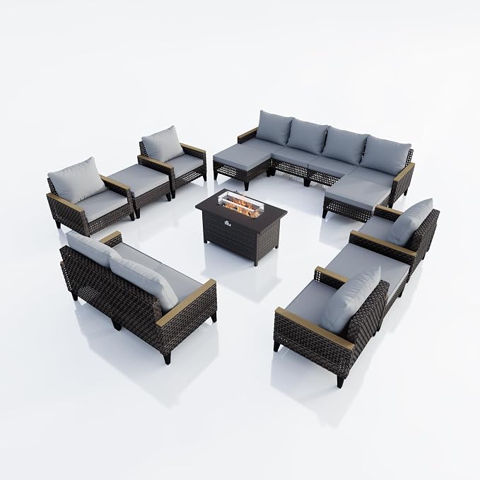 15 Pieces Patio Conversation Sets, Outdoor Furniture Set with Fire Pit Table, Wicker Rattan Sectional Modular Seating Set Includes 2 Three Seater Sofa & 4 Single Armchairs & 4 Ottomans (Gray Cushions)
