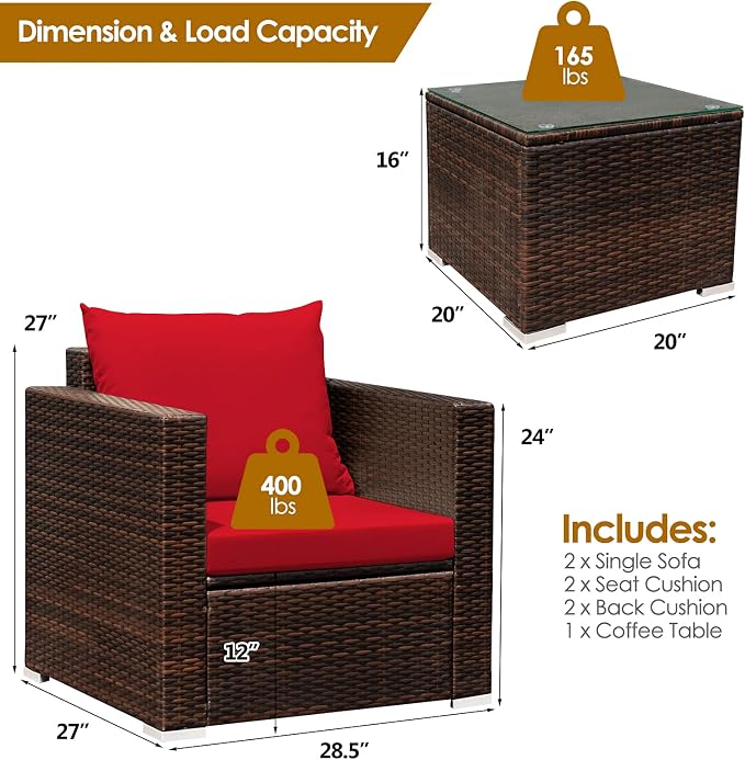 RELAX4LIFE 3-Piece Wicker Bistro Set - Outdoor Patio Rattan Sofa Set w/Washable Cushions & Tempered Glass Coffee Table, Conversation Furniture Set for Backyard, Porch, Garden & Poolside (Red)