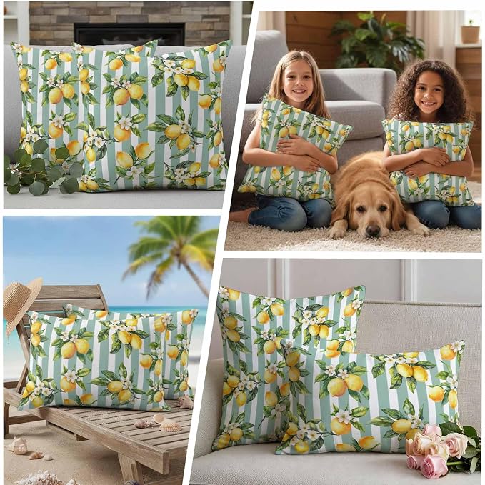 Yellow Lemon Waterproof Outdoor Pillow Covers Set of 2 Home Decor, Spring Botanical Floral Leaves Aqua Stripes Pillowcase Patio Pillow Covers for Couch Bench Furniture Garden 24x24in