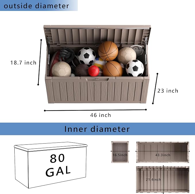 80 Gallon Waterproof Resin Deck Box, UV Resistant Outdoor Storage for Garden, Patio, Porch, Delivery, Beige