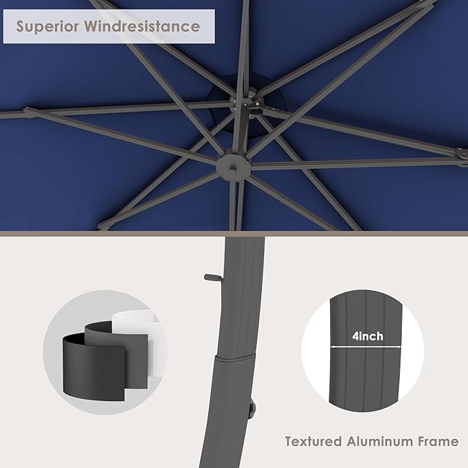 ENSTVER 12FT Cantilever Patio Umbrella With Base Included, Round Large Aluminum Outdoor Cantilever, Heavy Duty Offset Umbrella with 360°Rotation for Pool, Deck, Backyard, Garden(Navy Blue)