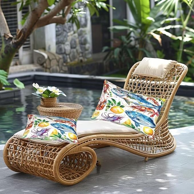 Outdoor Pillows Waterproof Set of 2 Outdoor Pillow Covers 16x24 Inch, Lemon Throw Pillows Fish Pillow Covers, Summer Garden Decorative Pillows Outdoor Pillows for Patio Furniture Car Home Decor -hs242