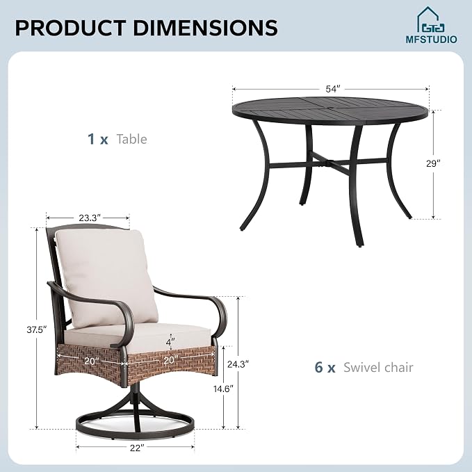 MFSTUDIO Round Patio Table and Chairs, Outdoor Patio Dining Set for 6, Outdoor Table and Chairs for 6, 7 Pieces Patio Metal Table with Swivel Chairs, 1.75'' Umbrella Hole