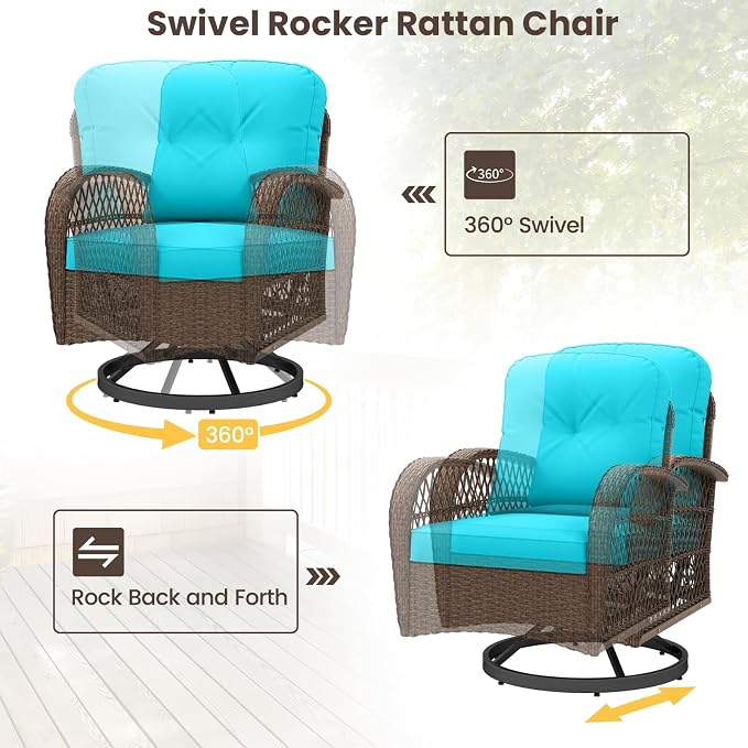 ORALNER 3 Pieces Wicker 360° Swivel Rocker Set Patio Furniture, Rocking Chairs with Cushions, Tempered Glass Coffee Table, Outdoor Rattan Bistro Set for Balcony Front Porch Deck Poolside (Turquoise)