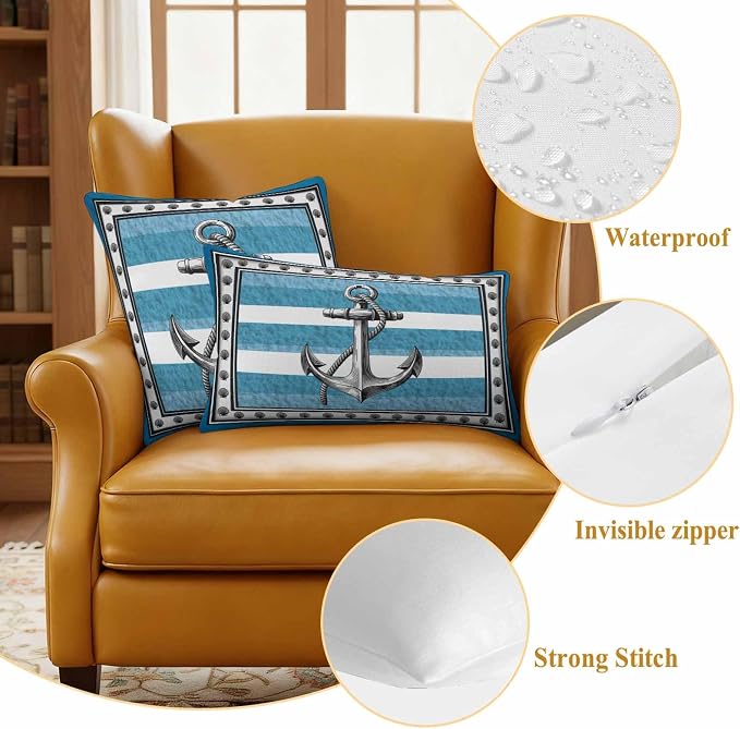 Summer Boat Anchor Outdoor Waterproof Pillow Covers Set of 2, Nautical Ocean Shells Anchor Blue White Stripe Pillowcase Decorative Throw Cushion Cases for Patio Garden Couch 20 x 12 Inches