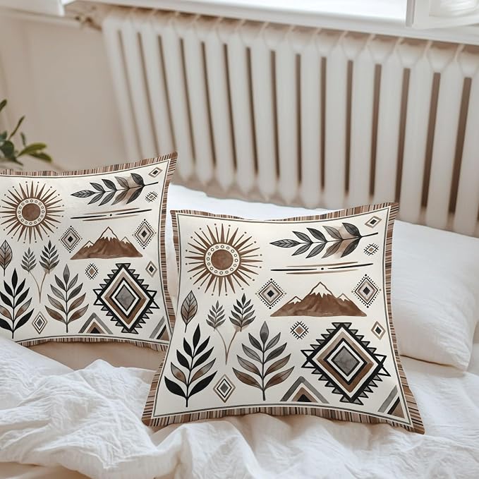 Bohemian Waterproof Outdoor Throw Pillow Covers 18''x18'' Pack 2, Mountain Peak Southwest Boho Brown Distressed Pillow Cases Throw Cushion Cover with Zipper, Washable Pillowcase for Poolside Sofa