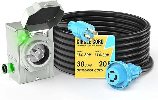 CircleCord 4 Prong 20 Feet 30 Amp Generator Extension Cord and Inlet Box with Locking Connector, Heavy Duty NEMA L14-30P/L14-30R, 125/250V 7500W 10 Gauge SJTW Generator to House Power Cord