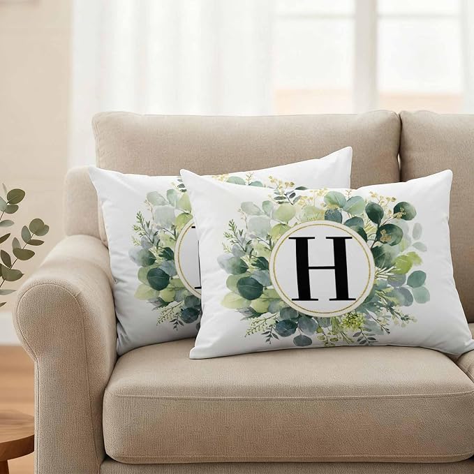 Letter H Waterproof Outdoor Pillow Covers Set of 2 Home Decor, Alphabet Green Eucalyptus Leaves Lumbar Pillowcase Patio Pillow Covers for Couch Bench Patio Furniture Garden 20x12in