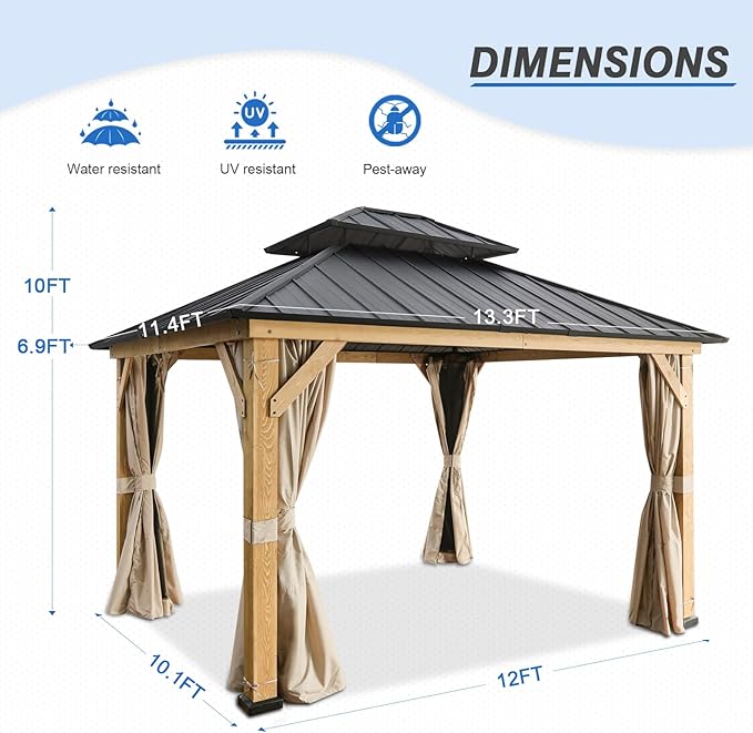 EAGLE PEAK 11x13 Hardtop Gazebo, Galvanized Steel Double Roof Gazebo with Cedar Wood Frame, Outdoor Pavilion with Netting and Curtains for Patio, Deck. Lawn and Garden, Natural Wood/Black