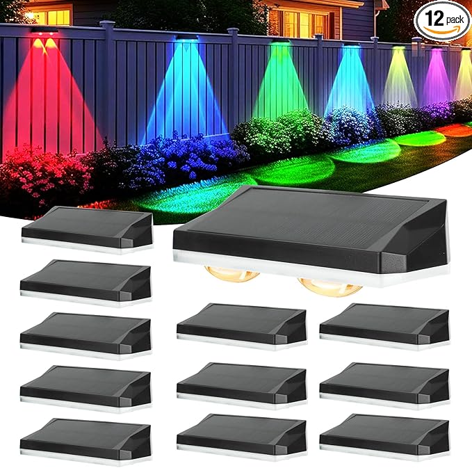 Solar Fence Lights Outdoor Waterproof LED, 13 Lighting Modes, Solar Outdoor Lights Dual Installation IP65 Energy Saving Solar Garden Lights, for Backyard Railings Steps Patio Walls (12)