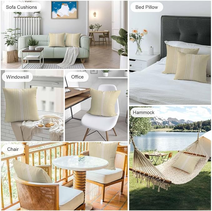 Vandarllin Outdoor Throw Pillows Covers 18x18 inch Set of 2 Waterproof Cream Vertical Stripes Decorative Zippered Cushion Covers for Patio Furniture, Classic Striped Linen Lumbar Pillowcases