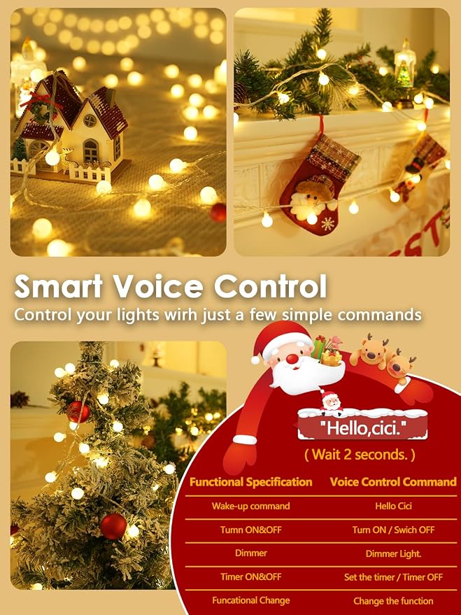 Connectable String Lights Indoor 100LED Smart Voice Controlled Fairy Lights | 43FT Warm White Globe Light Plug in, 12 Modes, Timer & Remote, IP44 Waterproof, for Bedroom Classroom Christmas Room Decor