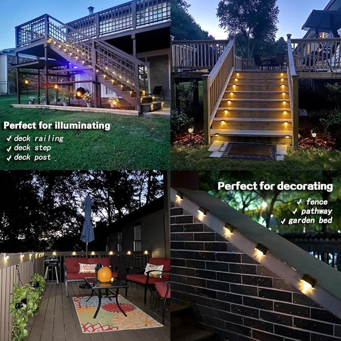 Solar Deck Lights Outdoor, 4 PCs LED Solar Fence Lights Waterproof, Garden Decorative Solar Step Lights, LED Solar Lights for Patio Porch Stairs Yard Driveway Pathway (Warm White, 24-Pack)