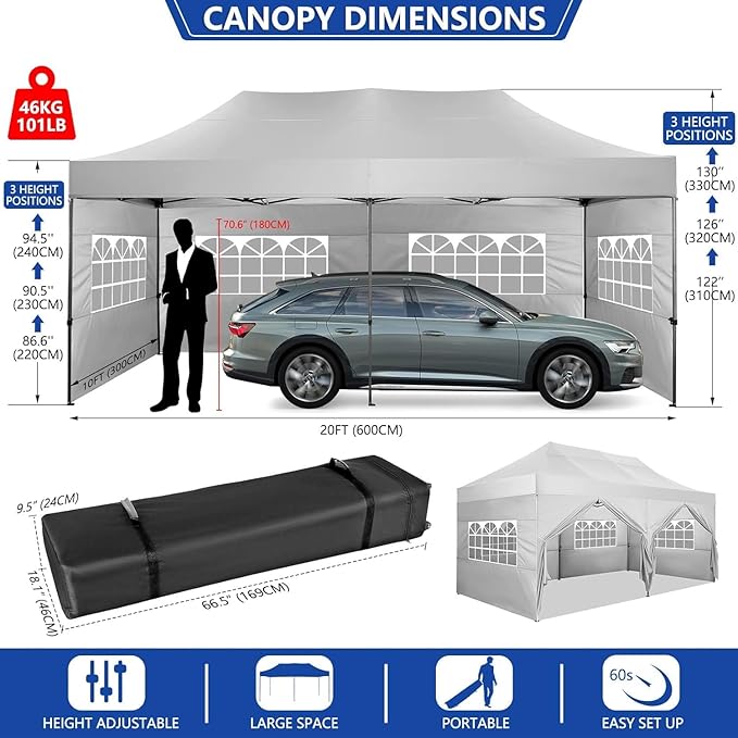 COBIZI 10x20 Pop up Canopy Tent Heavy Duty, Easy Set-up Commercial Outdoor Party Tents, 100% Waterproof Wedding Gazebo, 3 Height Adjustable with Wheeled Bag, White