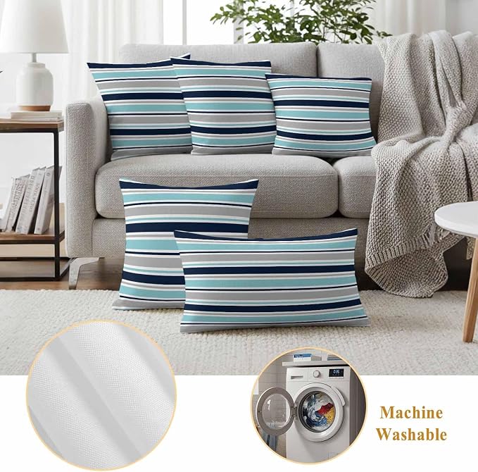 Grey Blue Striped Outdoor Pillow Cover 20x20 Inch Cushion Sham Case, Farmhouse Stripes Abstract Art Navy Blue Waterproof Decorative Square Throw Pillowcase for Outside Garden Patio Porch Couch Chair