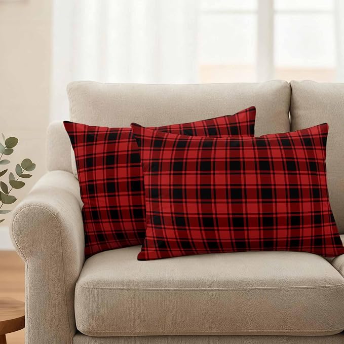 Red Black Plaid Waterproof Outdoor Pillow Covers Set of 2 Home Decor Vintage Farmhouse Abstract Buffalo Check Pillowcase Patio Pillow Covers for Couch Bench Furniture Garden 20x12in