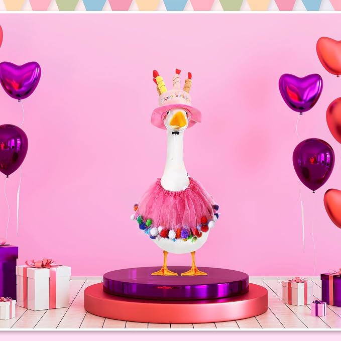 Aliceset Happy Birthday Porch Goose Outfit Lawn Goose Clothes Hat and Tutu Collar Goose Outfits for 23" Cement/Plastic Porch Goose Outdoor Statue Patio Yard Lawn Art (Pink)