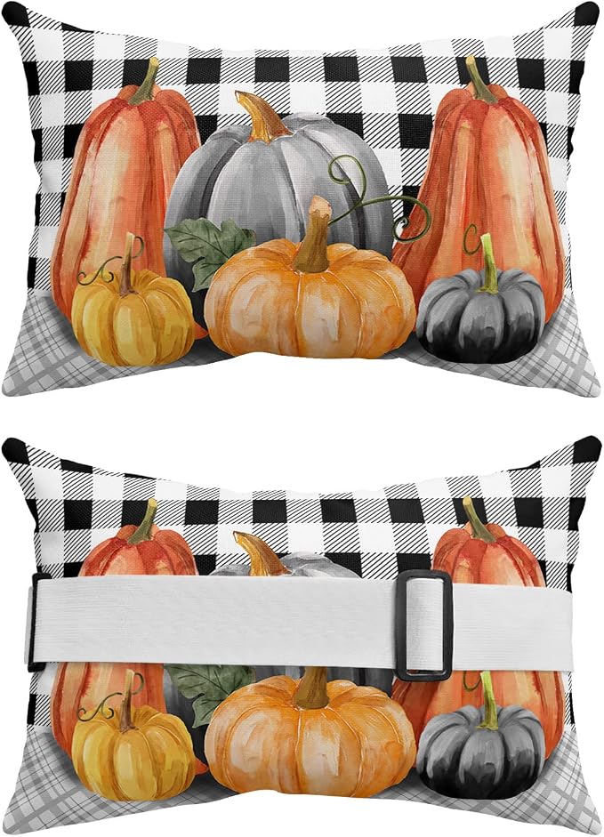 Outdoor Pillows Covers with Inserts Fall Pumpkin Black White Lattice Waterproof Recliner Pillow with Adjustable Strap Throw Pillows for Patio Furniture Pool Lounge Chair, 11x16 inch, 2PCS