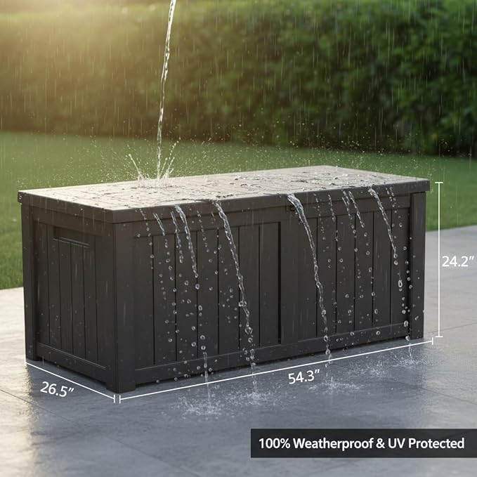 120 Gallon Resin Deck Box, Outdoor Storage Chest for Patio Furniture Cushions, Garden Tools, Pool Accessories | Lockable, Waterproof, All-Weather, Easy Assembly, Wood Grain Design