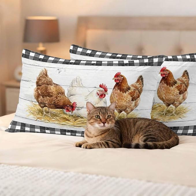 Farmhouse Rooster Outdoor Waterproof Pillow Covers, Farm Chicken Animals Retro Grey Wooden Decorative Rectangle Throw Pillowcase Sofa Cushion Sham for Patio/Couch/Chair, 20"x12" 2 Pack