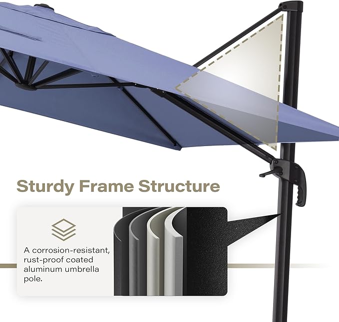 LAUSAINT HOME 9ft Square Cantilever Patio Umbrella, Outdoor Offset Hanging Umbrella with 360° Rotation & Aluminum Pole for Backyard, Pool, Lawn, Deck, Grey,Navy Blue