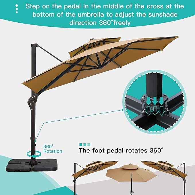 Sunnyglade 11FT Double Top Cantilever Patio Umbrella Deluxe Offset Umbrella 360° Rotation & Integrated Tilting System Heavy Duty Outdoor Umbrella for Market Garden Deck Pool Backyard Patio(Tan)