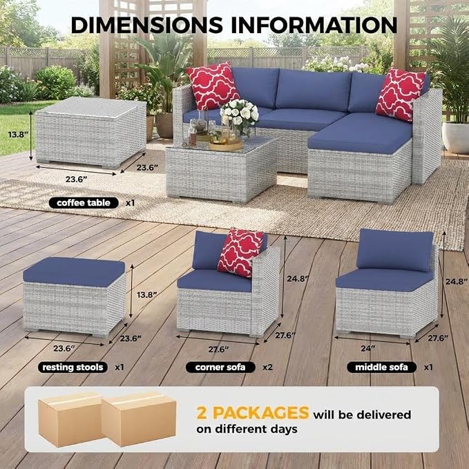 5-Piece Outdoor Sectional Sofa Set, Outdoor Patio Set Sectional Sofa, All-Weather PE Rattan Patio Furniture with Ottoman & Tempered Glass Table for Garden, Backyard, Porch, Poolside (Brown/Blue)