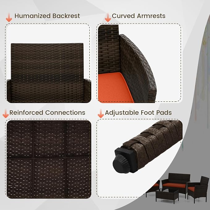 ORALNER 4 Pieces Patio Furniture Set, Rattan Chairs Loveseat with Soft Cushion and Glass Table, Outdoor Wicker Conversation Set for Balcony Garden Backyard Porch Poolside (Orange)