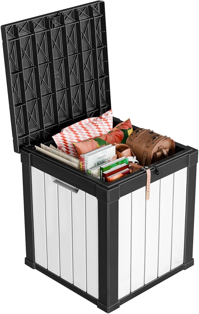 PatioZen 50 Gallon Resin Deck Box, Lockable Outdoor Storage Box for Patio Cushions Storage Furniture,Garden Tools, Pool Supplies, Weatherproof and UV Resistant (Black&White)