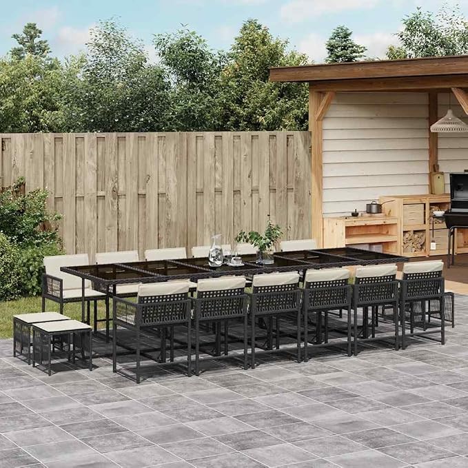 17-Piece 16-Person Outdoor Patio Dining Set with Cushions, Large 130 Inch Rectangular Tempered Glass Table and Foldable Rattan Chairs for Garden and Backyard, Black and Cream