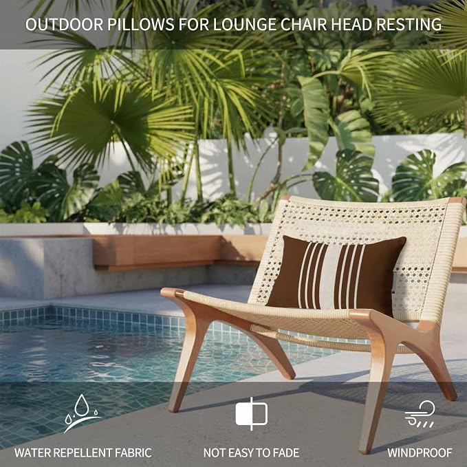 Outdoor Pillow for Chaise Lounge Chair Vintage Brown Striped Linen Headrest Pillow with Adjustable Elastic Strap Set of 2,11x16 inch, Geometric Modern Art Waterproof Head Pillows for Patio Pool Beach