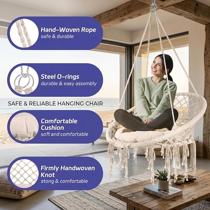 Cotton Woven Hammock Chair, 600 LBS Light Beige Handmade Macrame Hammock Without Stand, Indoor Outdoor Hammock for Patio Bedroom Garden Reading Decor
